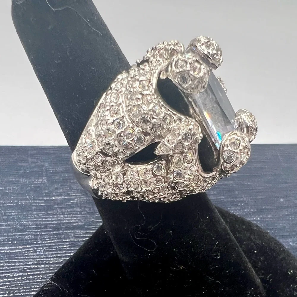 Huge chunky fake diamond cocktail ring paved rhinestones silver tone size 6